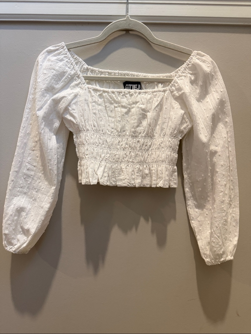 Katie J NYC White Swiss Dot Smocked Crop Top with Puff Sleeves